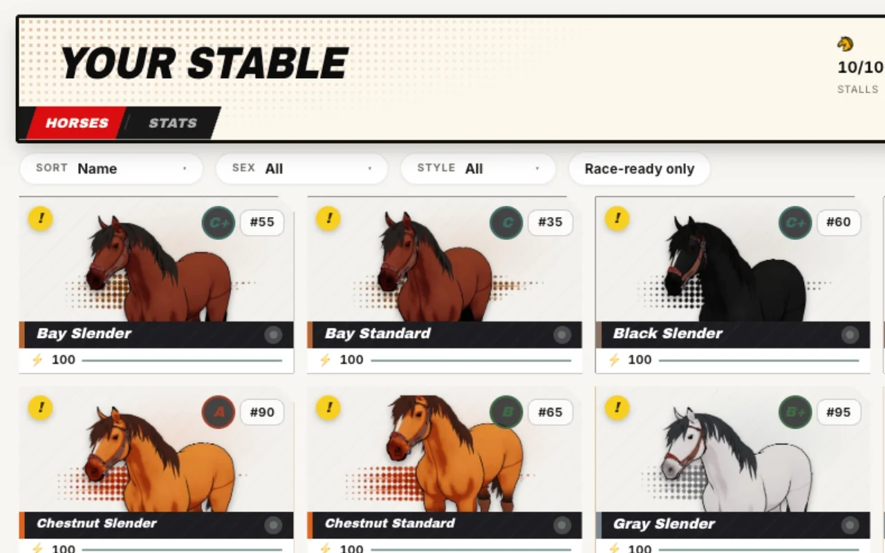 The stable roster grid showing six owned horses with grade chips, number chips, and energy bars.