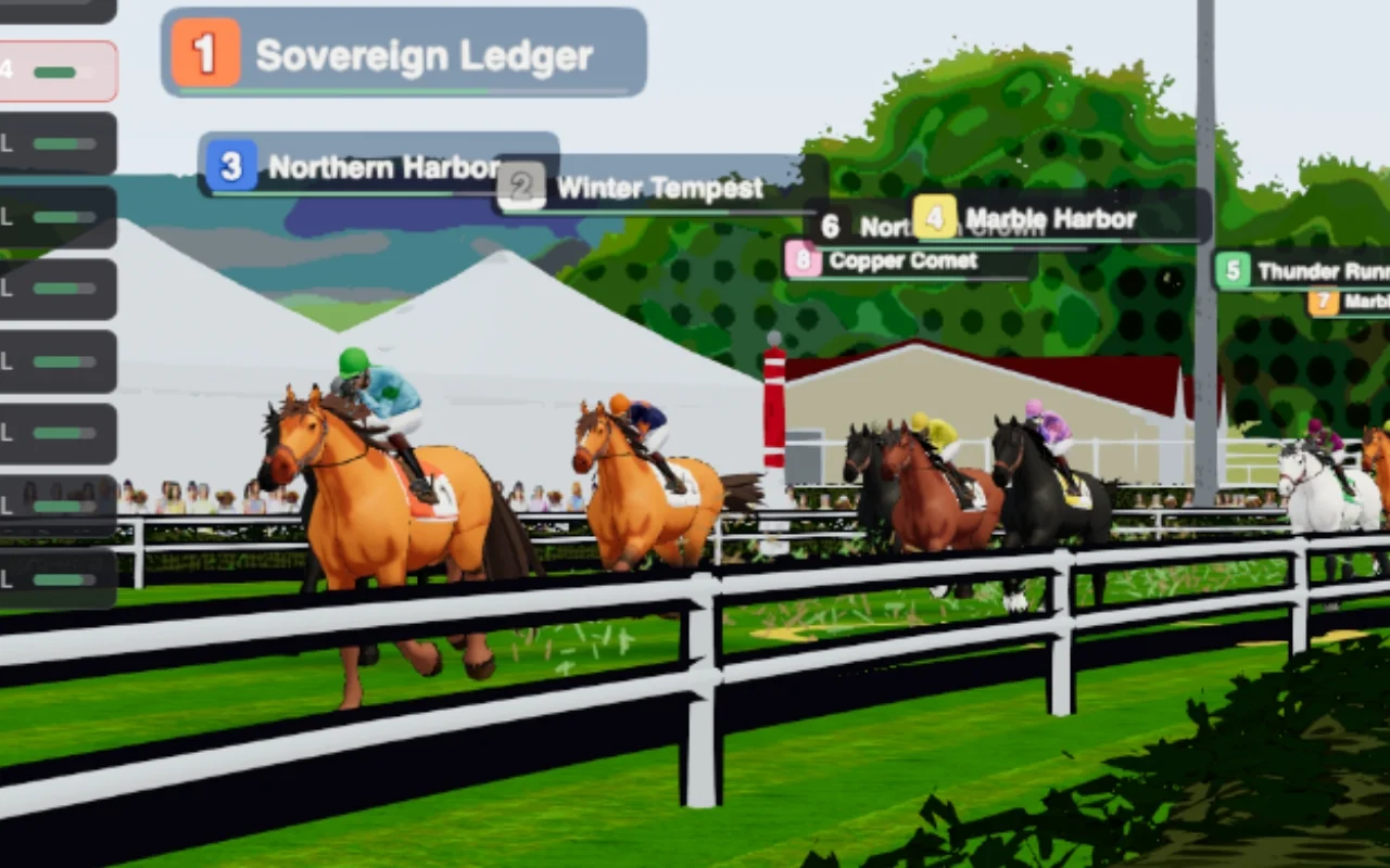 A live race broadcast viewer showing the lead pack running down the home straight with horse name tags.